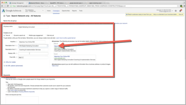 Creating an ad in google adwords campaign