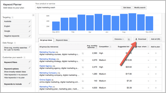 Download Ad group ideas tab in keyword planner