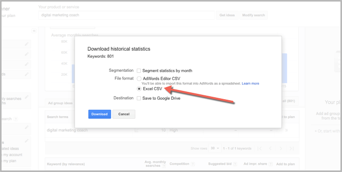 Excel CSV option in adwords planner