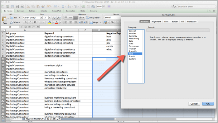 Format cells into text for how to keyword research