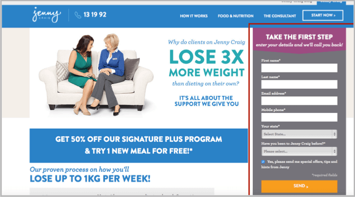 Jenny Craig above the fold landing page optimisation example