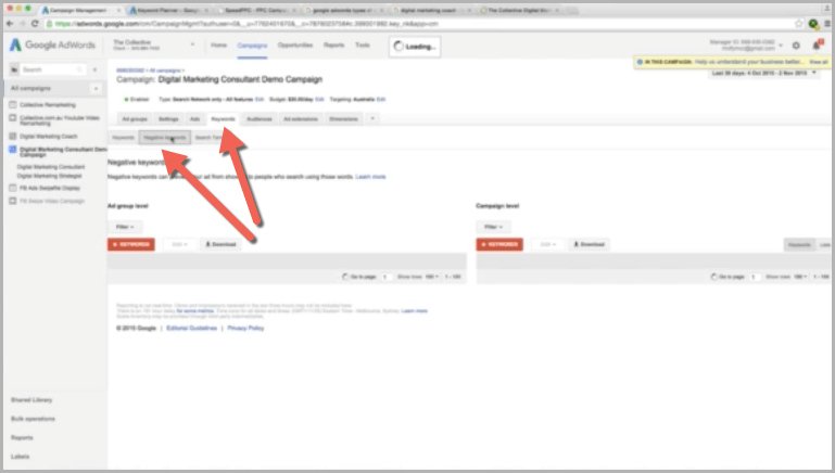 Negative keywords in adwords campaign