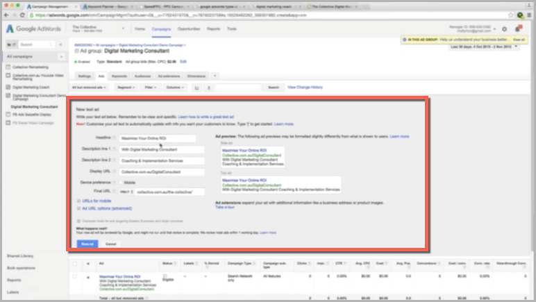 New ad in adwords campaign