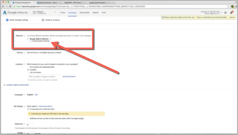 Un-ticking box in google adwords campaign setup